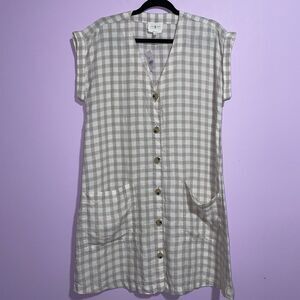 NEW Lou & Grey Linen Dress Women XS Tan Gingham Button Beach Vacation Preppy